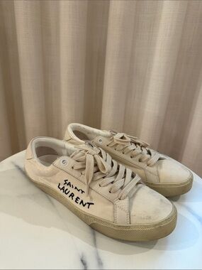 Saint Laurent Cream-Beige Canvas Low-Top Sneakers with Handwritten Logo